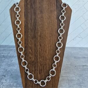 Ralph Lauren Silver Tone Alternating Ring Link Statement Necklace Toggle RL Logo